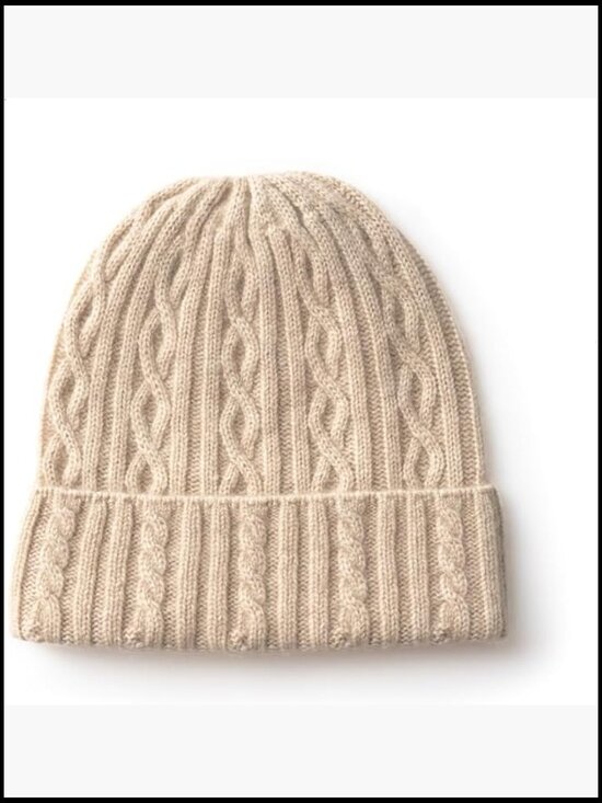 100% Cashmere Cable-Knit Beanie Hat Winter Accessory